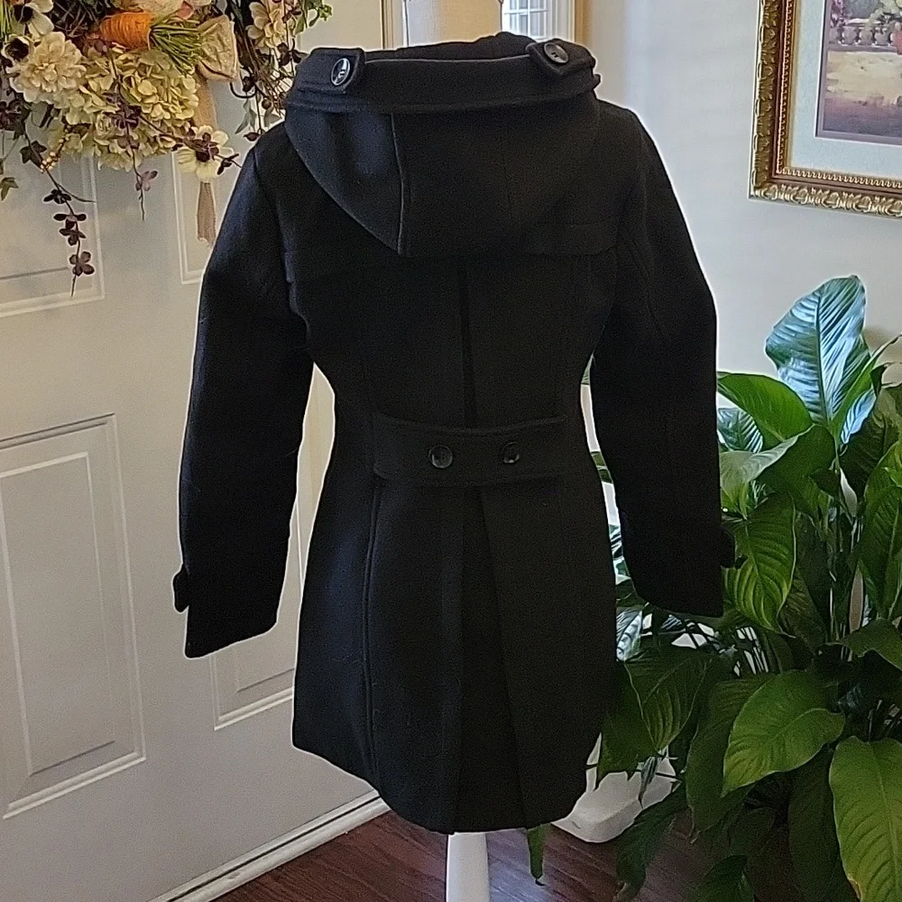 Tanming black double breasted wool pea coat trench coat jacket hood Small New …